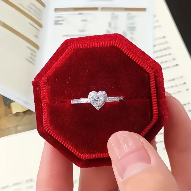 Shiny Silver Heart Ring for Women Cubic Zirconia Brass Wedding Fashion Jewelry Gift