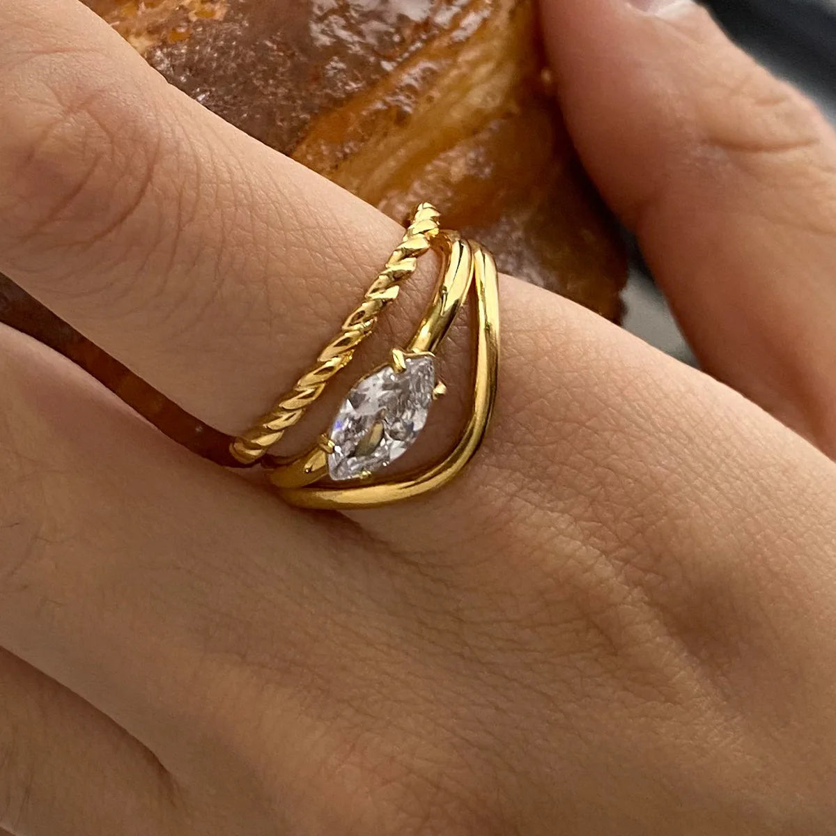 3pcs 18K Gold Plated Twisted Circle Zircon Rings Stainless Steel Bride Jewelry