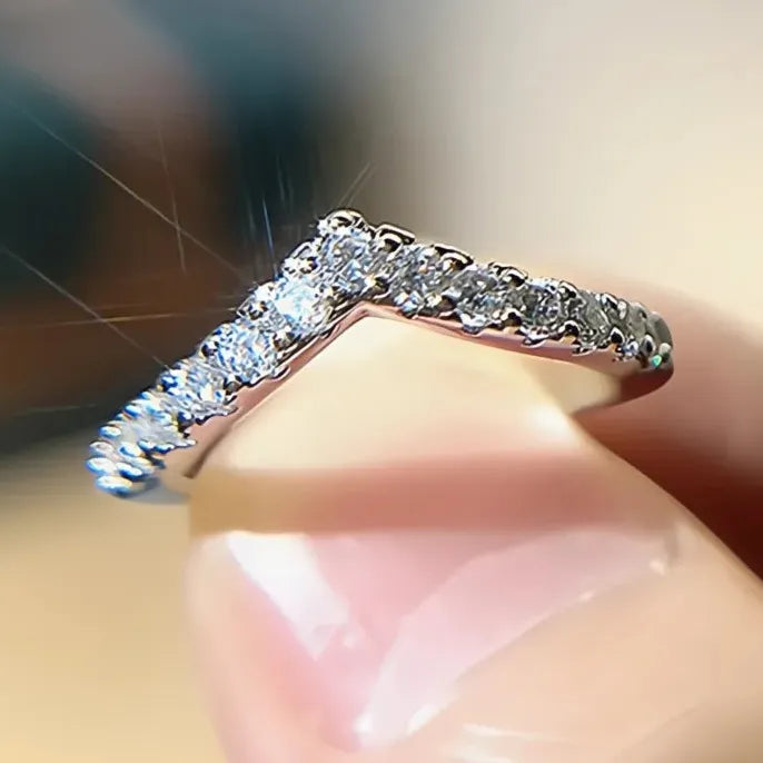 Women’s V-Shaped Brass Ring with Cubic Zirconia Geometric Wedding Band