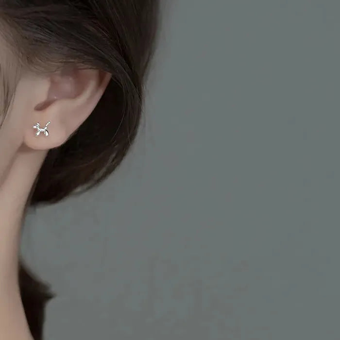 Silver Mini Balloon Dog Stud Earrings for Women Korean Jewelry