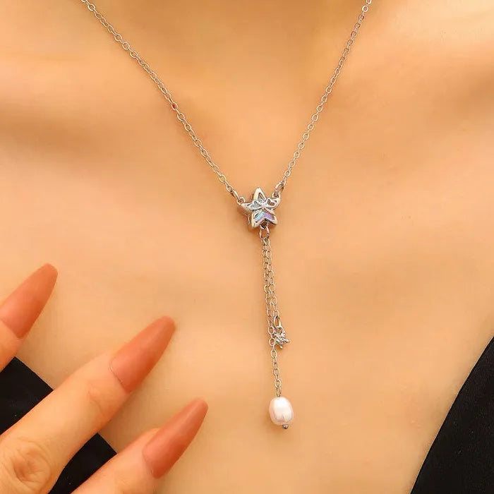 Zinc Alloy Star Zircon Stud Earrings with Bow Pearl Necklace & Bracelet Set
