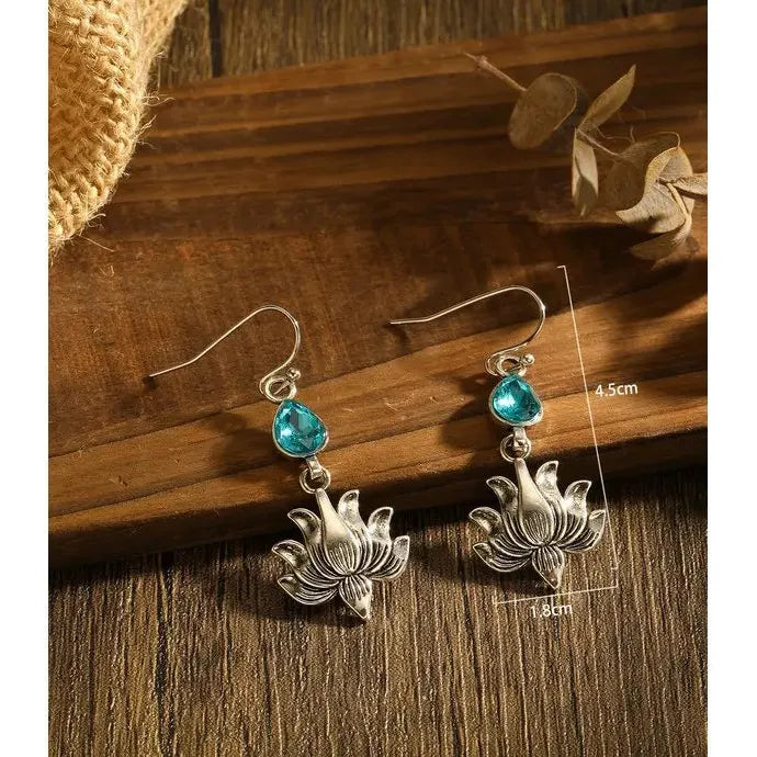 Vintage Blue Cubic Zirconia Lotus Drop Earrings for Women Zinc Alloy Jewelry Gift