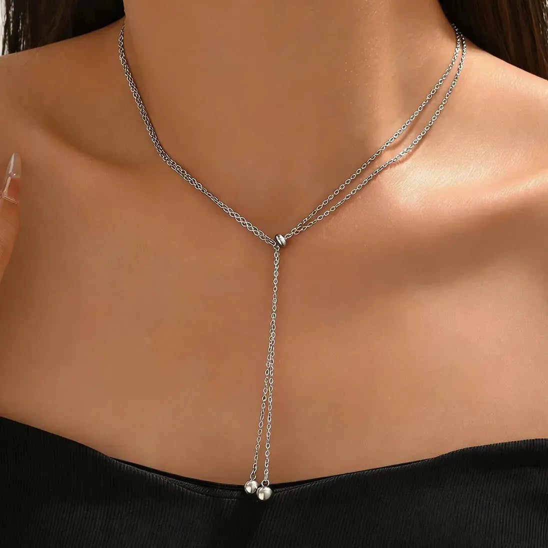 100cm Double Layered Round Ball Pendant Y-Shaped Necklace for Women Jewelry