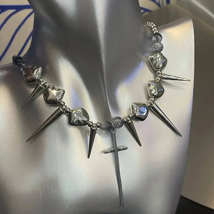 Stainless Steel Retro Y2K Long Spike Rivet Cross Necklace Hip Hop Jewelry