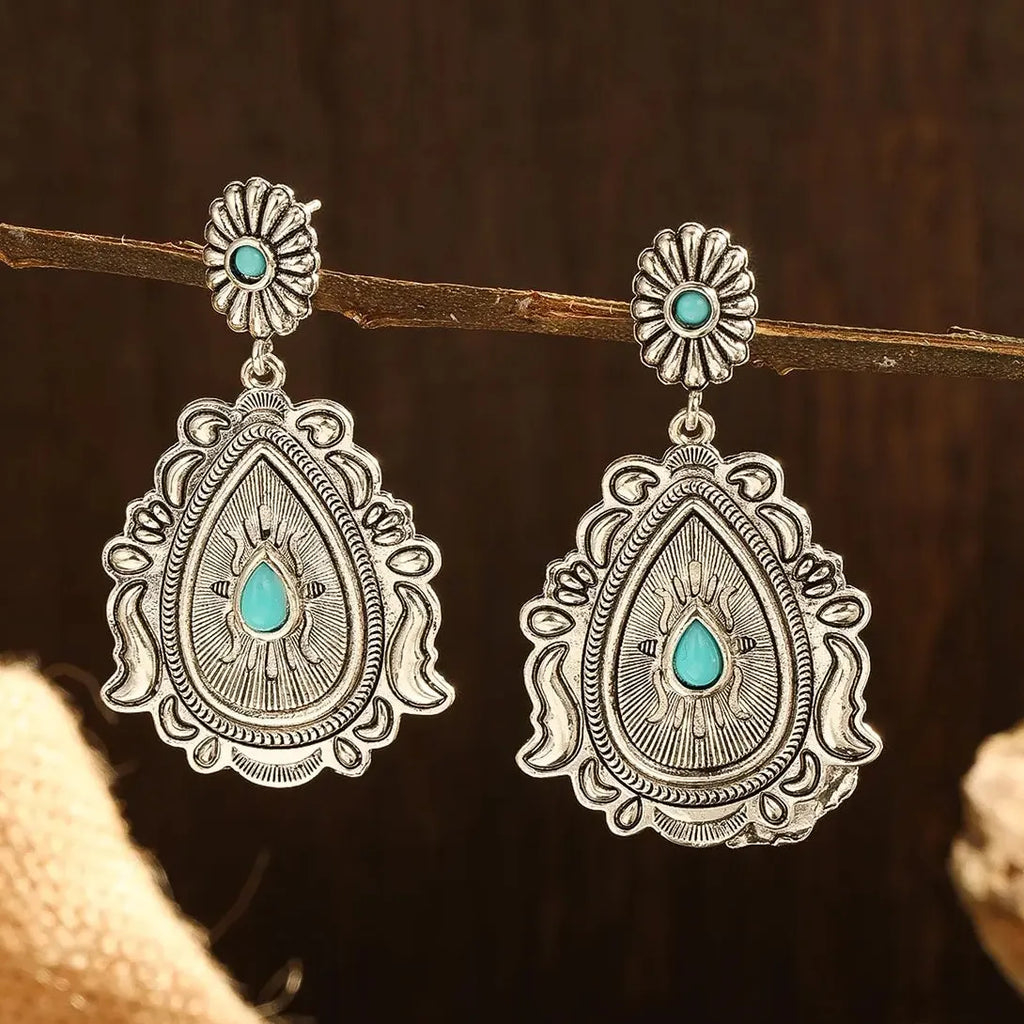 Retro Turquoise Drop Earrings Geometric Zinc Alloy Stone Jewelry Gift for Women