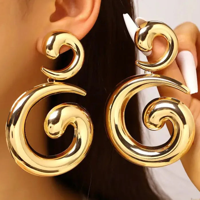 Exaggerated Metal Spiral Drop Earrings Women Retro Geometric Hollow Large Dangle Jewelry
