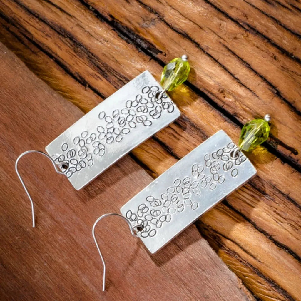 Vintage Silver Leaf Square Drop Earrings Green Crystal Zinc Alloy Jewelry Women