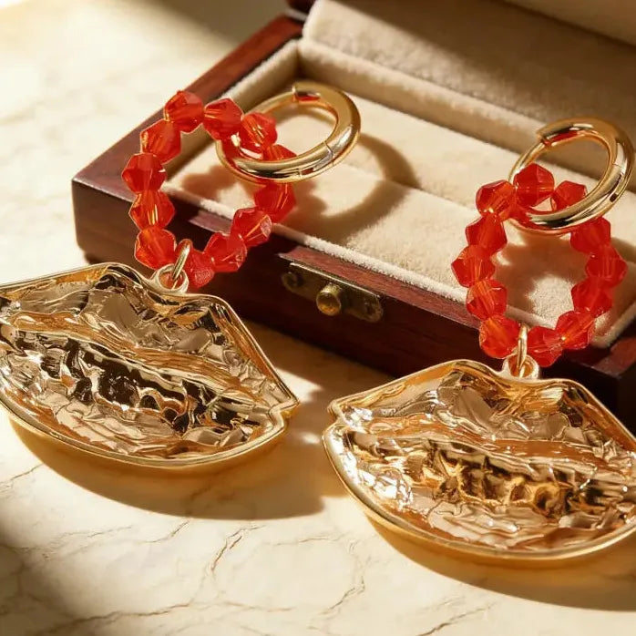 Large Red Beaded Lip Drop Earrings for Women Bold Statement Jewelry