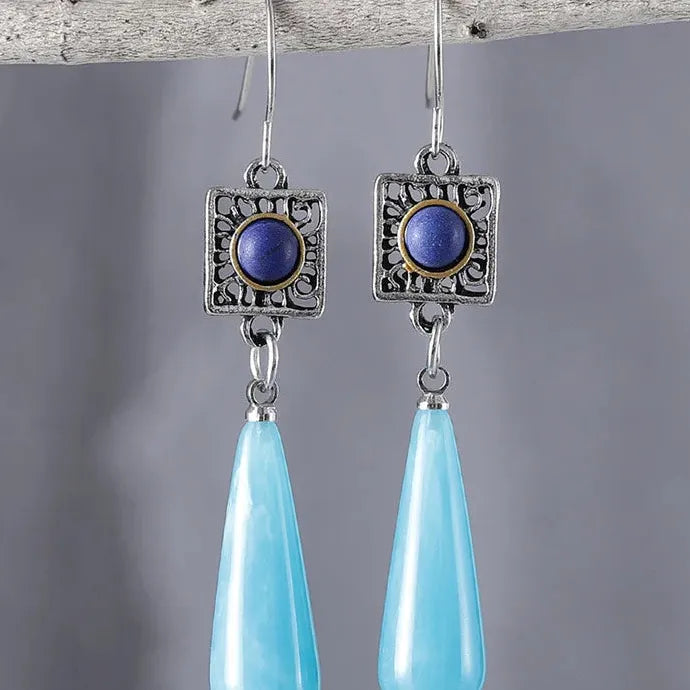 Retro Ethnic Style Two-Color Synthetic Stone Long Water Drop Earrings Zinc Alloy