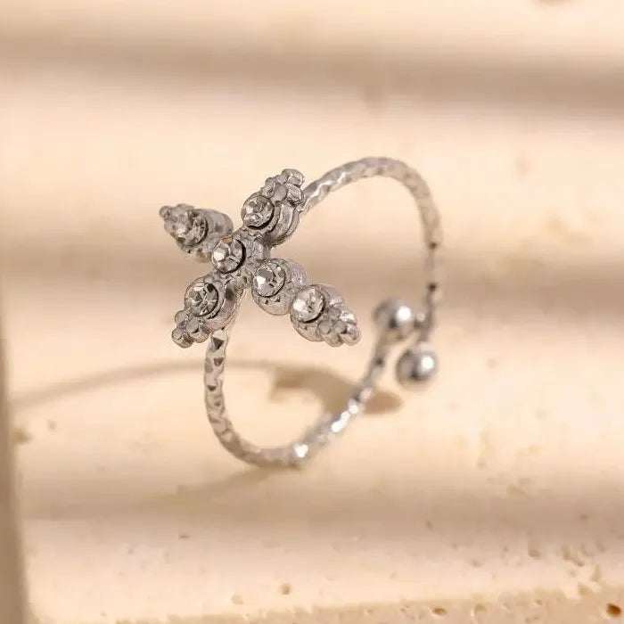 Adjustable Stainless Steel Cross Ring Featuring Rhinestone for Men Women Jewelry