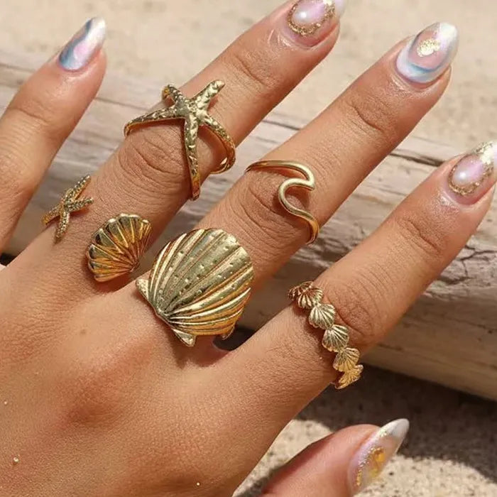 Adjustable Stainless Steel Shell Starfish Ring Set 5Pcs Women Jewelry Gift