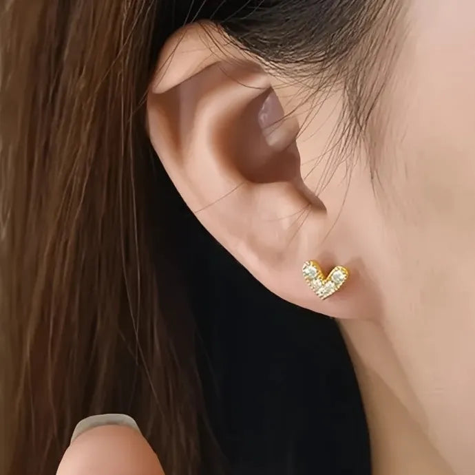 Gold Heart Stud Earrings Cubic Zirconia Love Jewelry Trendy Party Gift