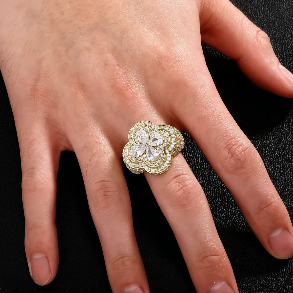 Iced Out Colorful Four Leaf Flower Ring Micro Pave CZ Bling Men Women Jewelry