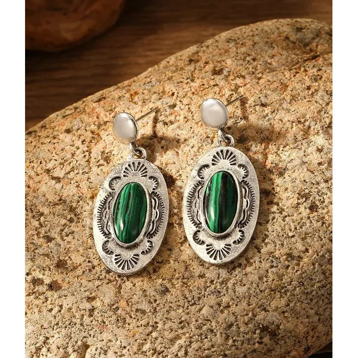 Vintage Bohemian Geometric Green Gemstone Pendant Earrings for Women Zinc Alloy