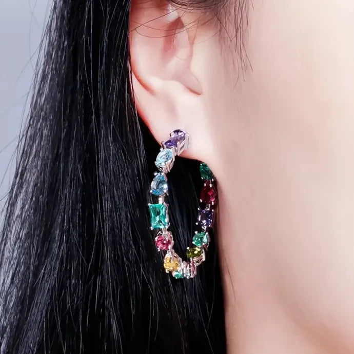 Geometric CZ Hoop Earrings Women Luxury Rainbow Copper Alloy Jewelry