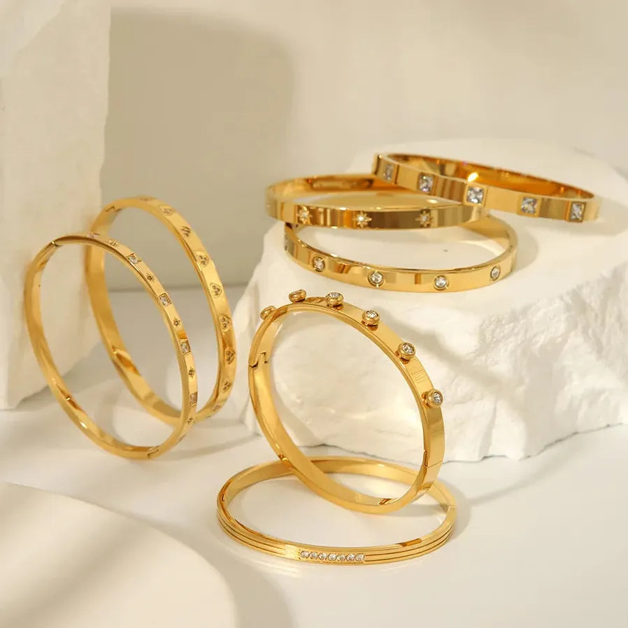 18K Gold Plated Stainless Steel Zircon Rhinestone Twist Open Bangle Bracelet Women