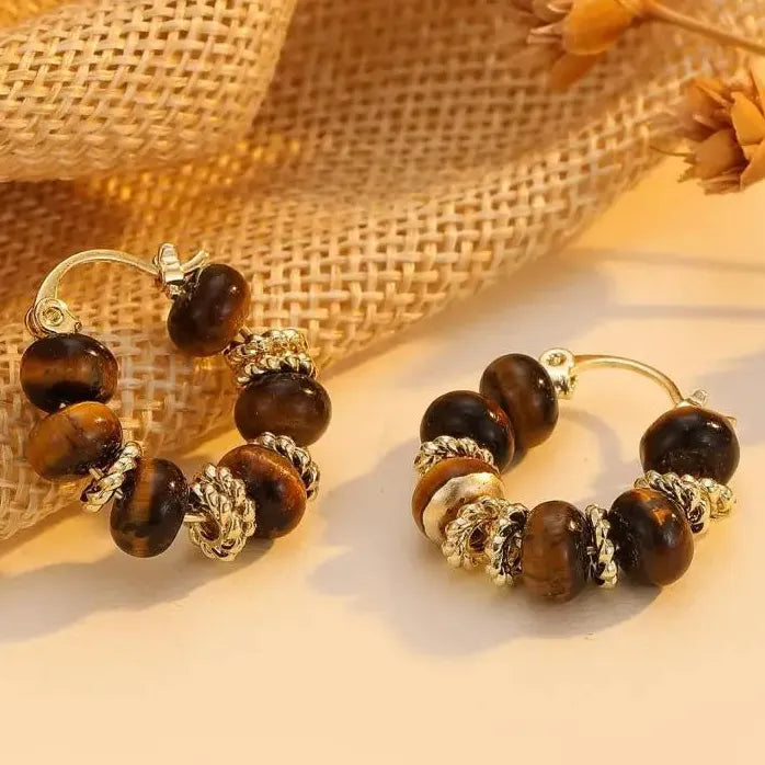 Vintage Tiger's Eye Stone Round U-Shaped Hoop Earrings for Women Jewelry