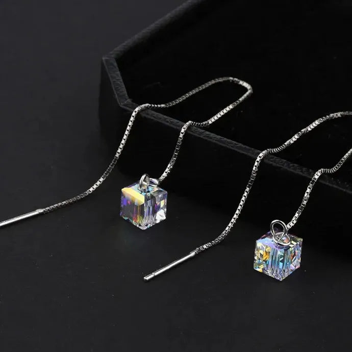 Hypoallergenic Silver Threader Earrings for Women Long Dangle Austria Crystals