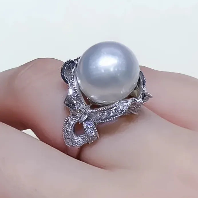 Women's Wedding Ring with Imitation Pearl & Cubic Zirconia Floral Design