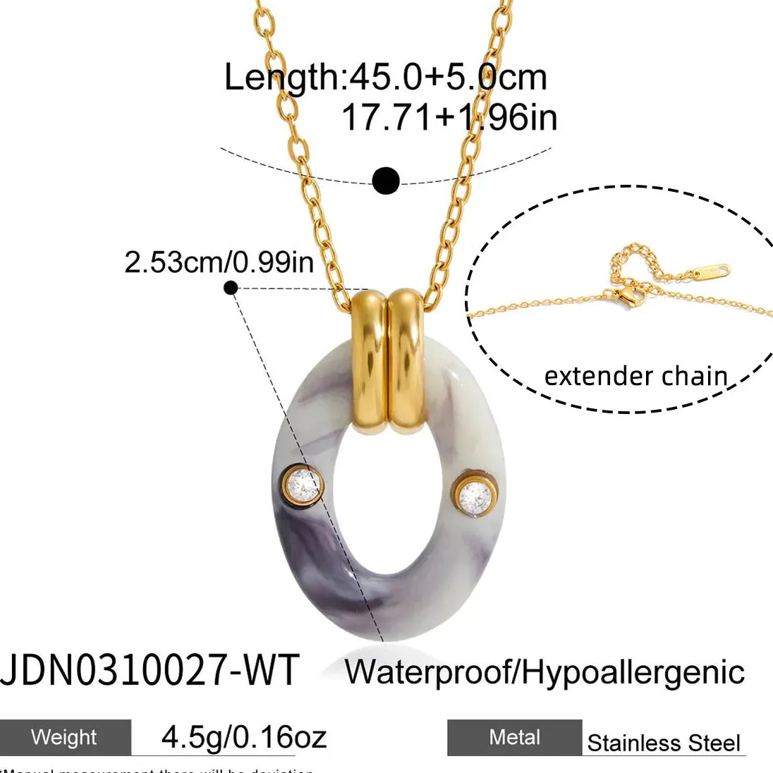 Minimalist Hollow Oval Natural Stone Pendant Necklace Stainless Steel 18k Gold Plated Jewelry