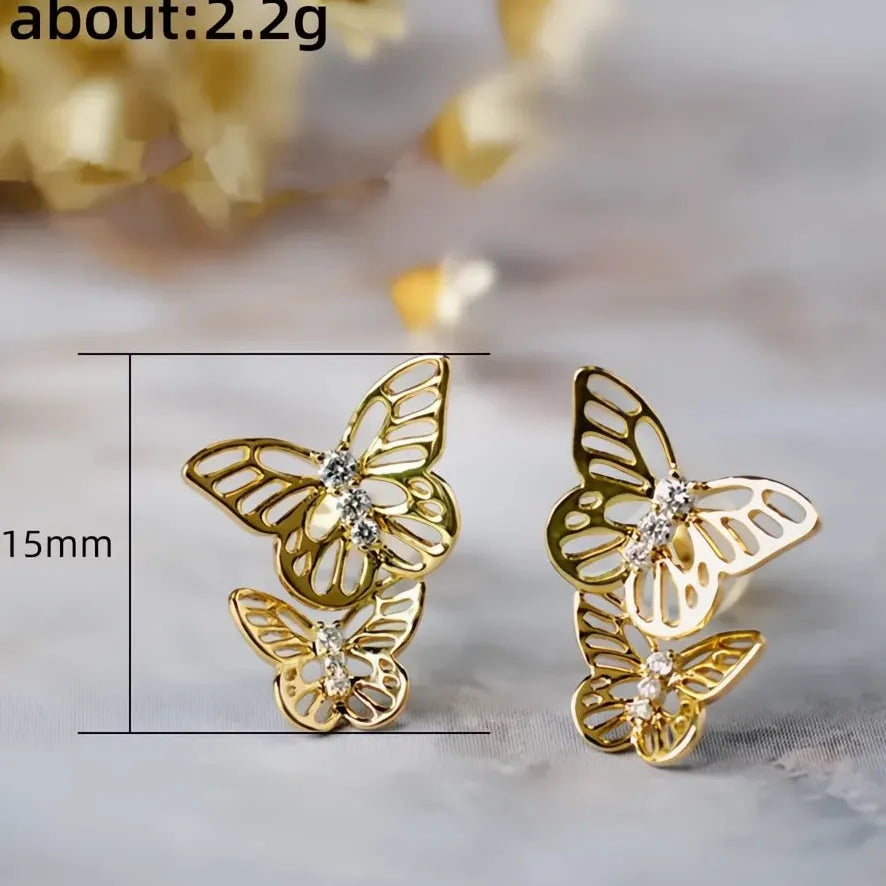 Gold Butterfly Cubic Zirconia Stud Earrings Copper Alloy Jewelry Gift Women