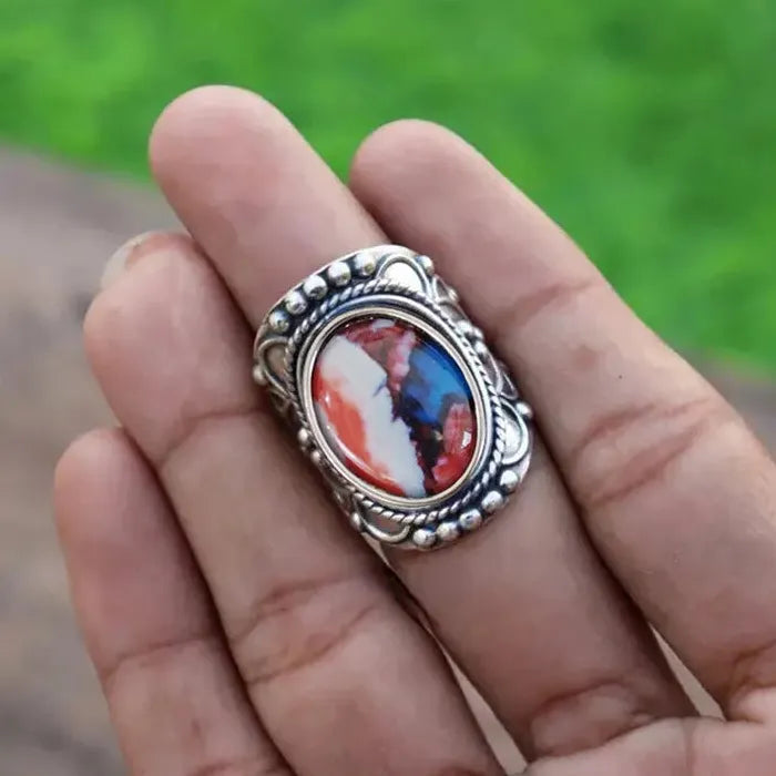 Vintage Silver Wide Face Artificial Stone Ring for Women Türkiye Wedding Jewelry