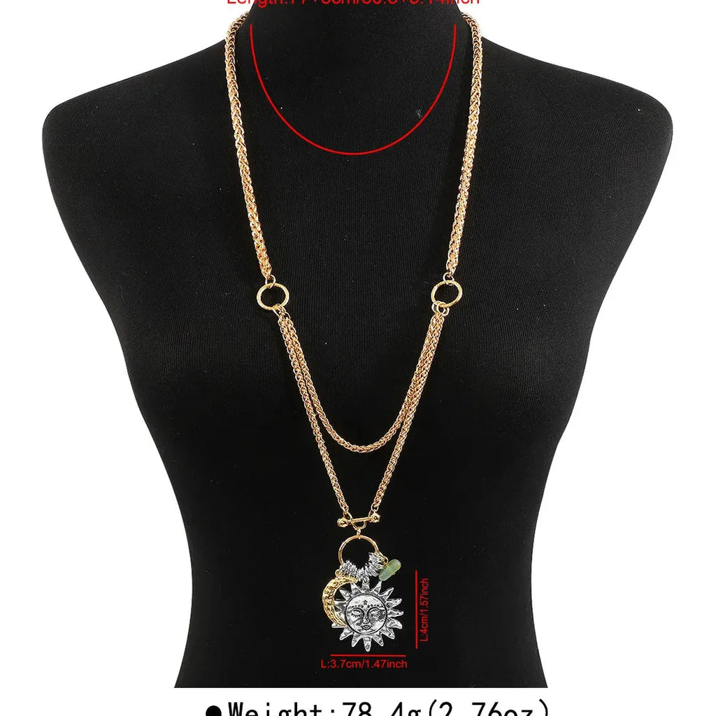 Layered Moon Sun Pendant Necklace for Women Zinc Alloy Vintage Punk Jewelry