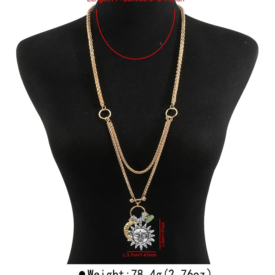 Layered Moon Sun Pendant Necklace for Women Zinc Alloy Vintage Punk Jewelry