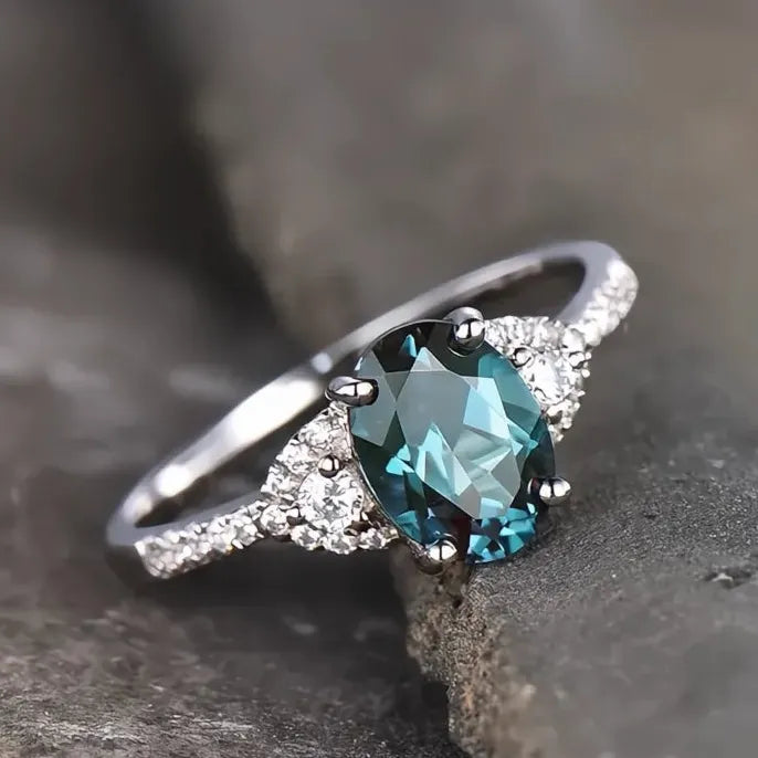 Oval Blue Cubic Zirconia Brass Geometric Wedding Band Ring for Women