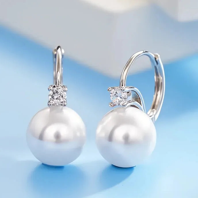 Elegant Copper Alloy Pearl Drop Earrings for Women with Shiny CZ Inlay, Trendy Geometric Design for Wedding Engagement