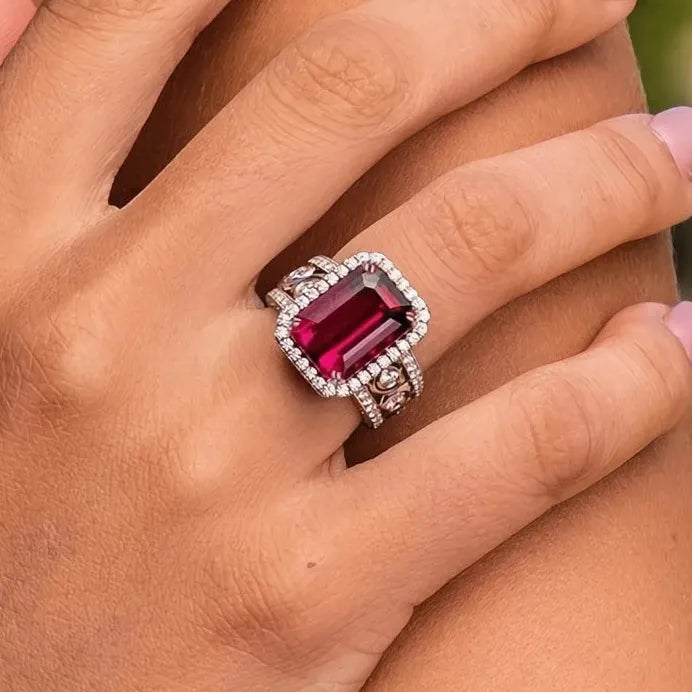 Luxury Red Cubic Zirconia Cocktail Ring for Women Bridal Statement Jewelry