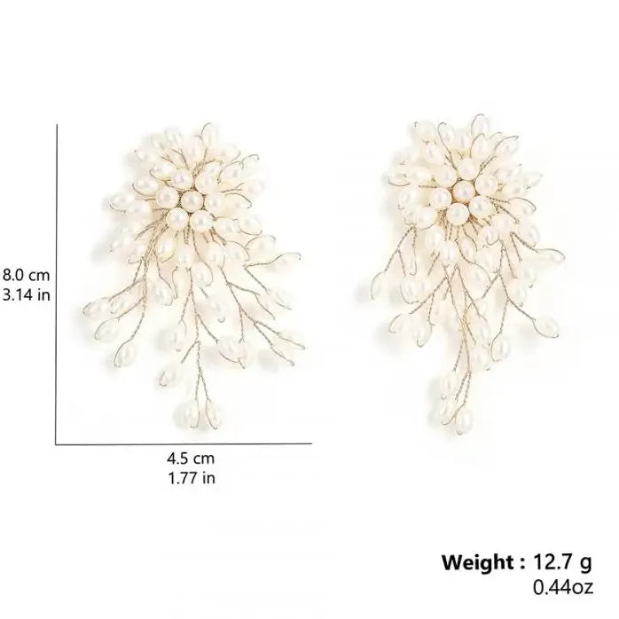 Vintage Imitation Pearl Flower Earrings for Women Handmade Beaded Tassel Jewelry