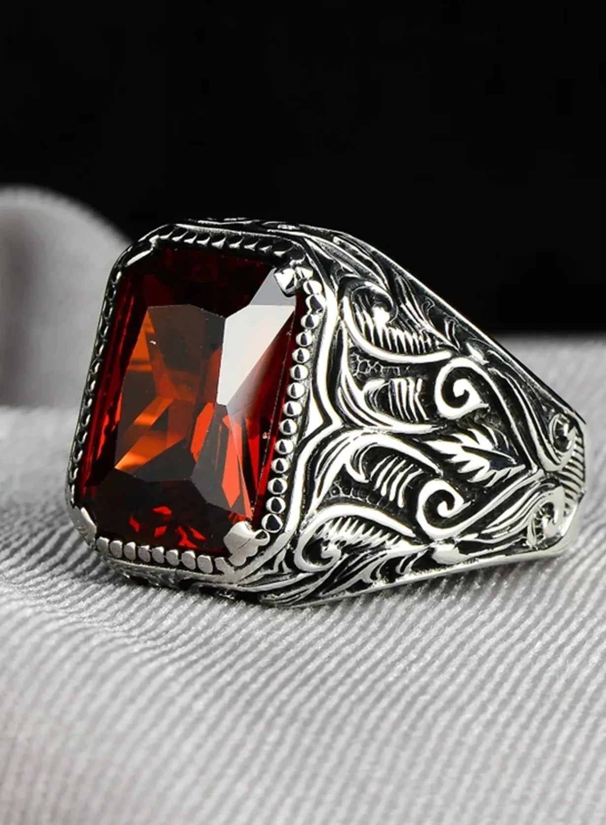 Vintage Handmade Turkish Silver Signet Ring Unisex Red Yellow Zircon Inlay Punk Biker