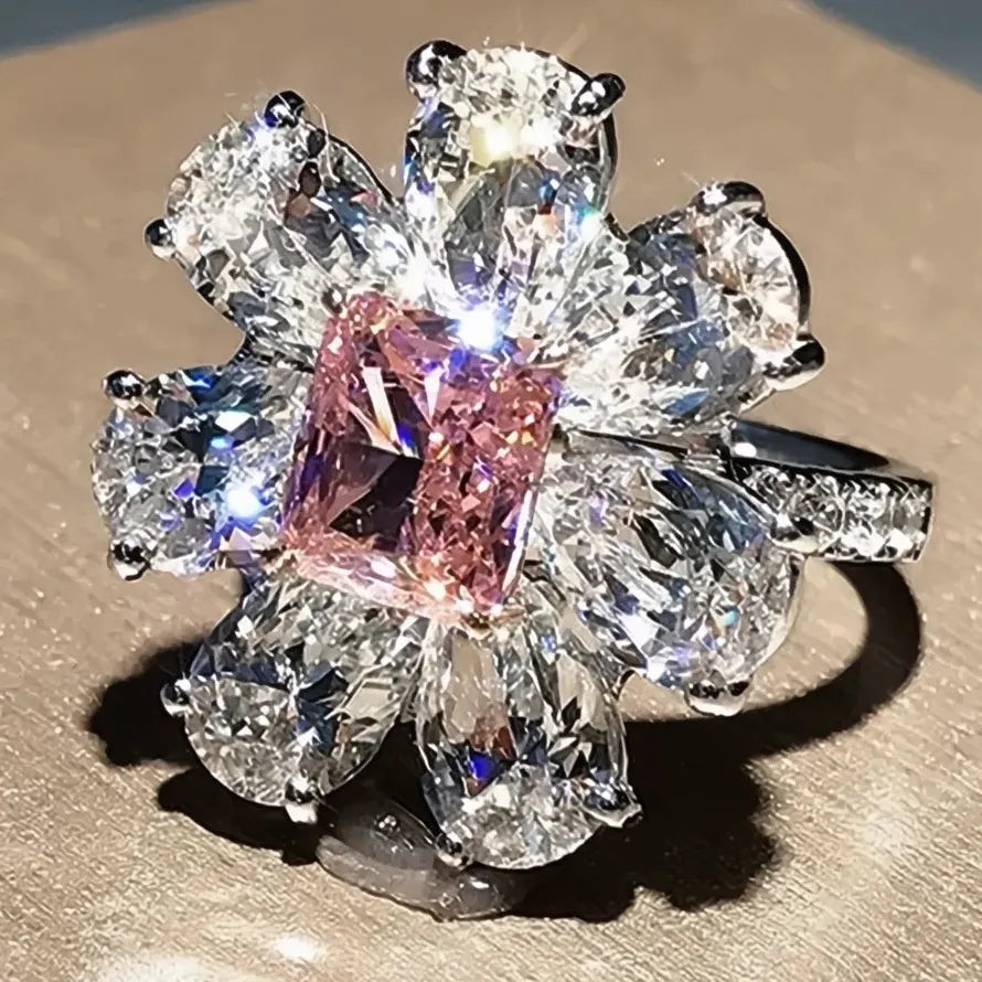 Pink Flower Cubic Zirconia Geometric Brass Ring for Women's Wedding Party