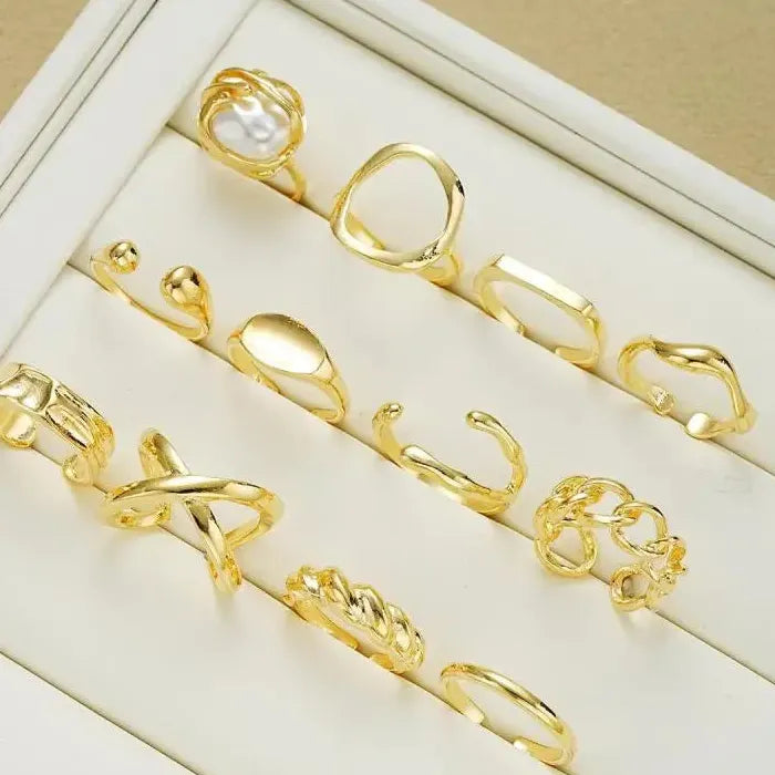 12Pcs Women’s Retro Irregular Geometric Adjustable Fashion Rings Set