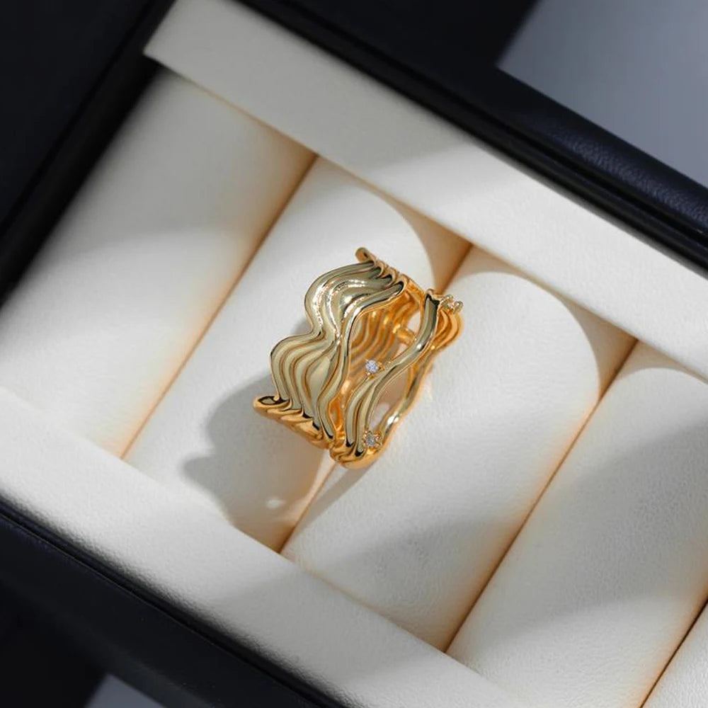 Hollow Twisted Wave Wide Knuckle Ring for Women Stainless Steel CZ Zircon Charm