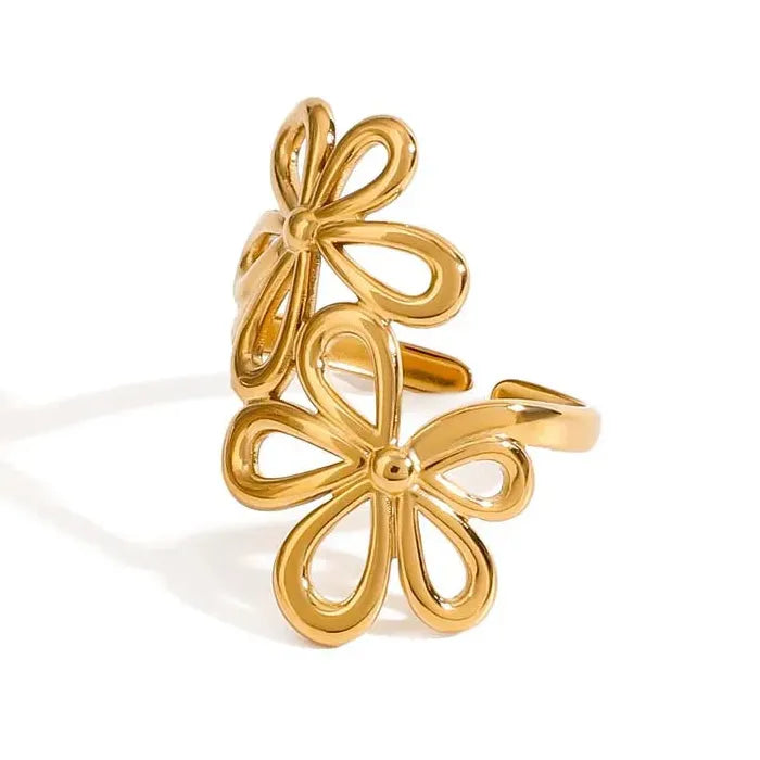 Adjustable Gold Color Stainless Steel Flower Ring Women Geometric Jewelry