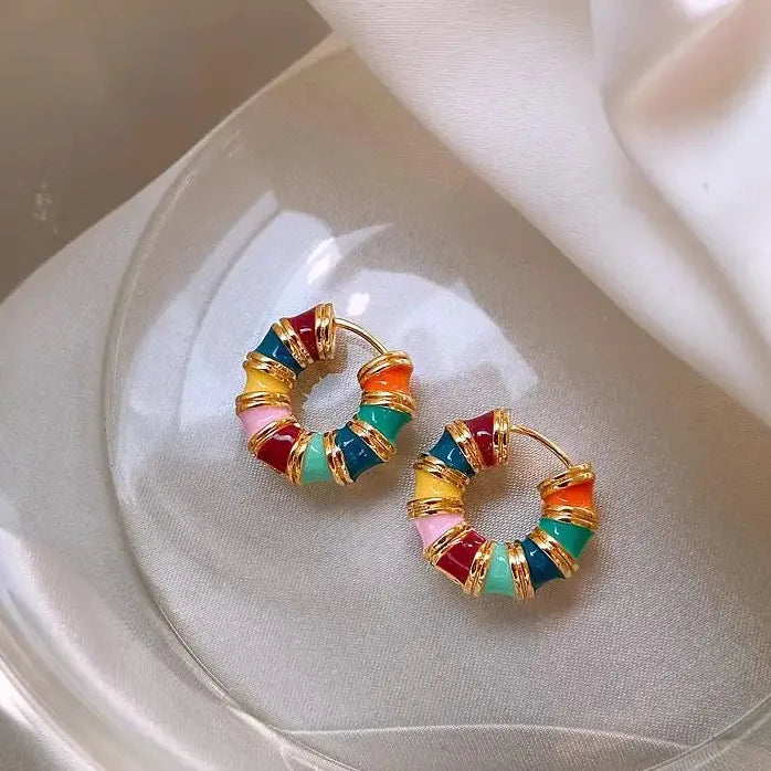 French Retro Enamel Gold Hoop Earrings 2025 Geometric Drop Jewelry Women