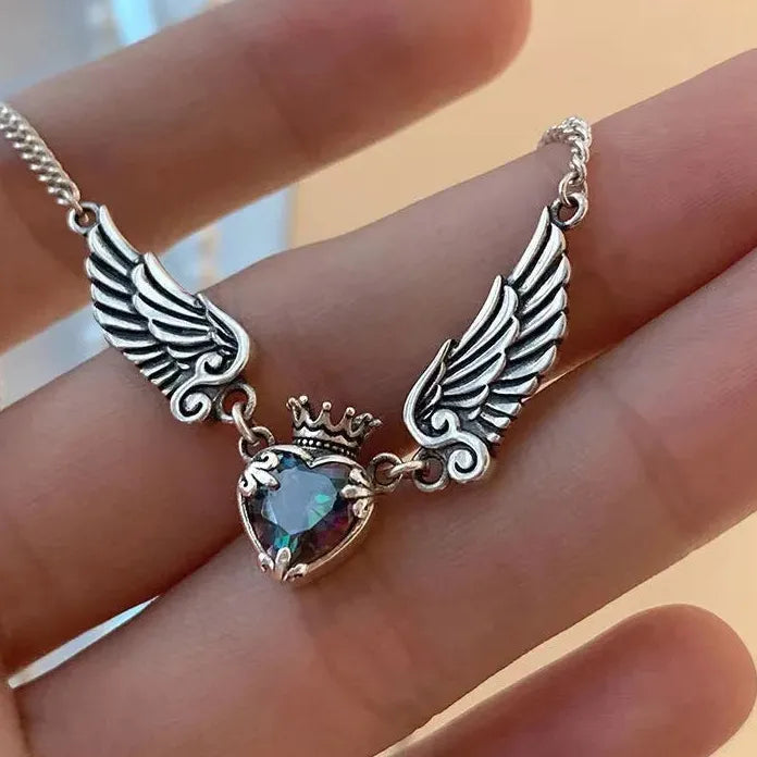 Vintage Gothic Heart Angel Wings Zinc Alloy Pendant Necklace Women