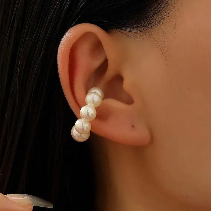 Retro Pearl White Striped Geometric Ear Clip C-Shaped Ear Cuff for Women
