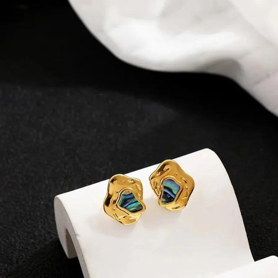 Natural Abalone Shell Pearl Stud Earrings Geometric Huggie Hoops CZ Necklace Choker