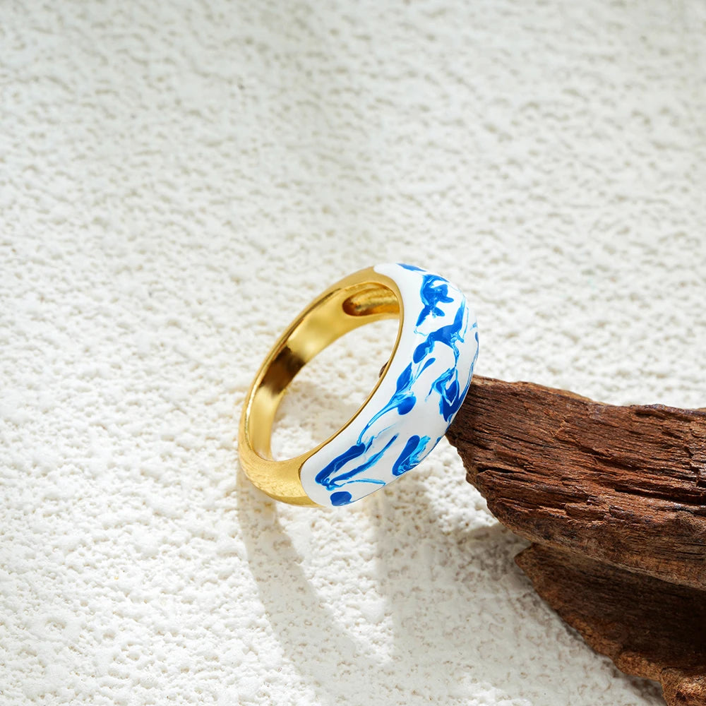 Minimalist White Blue Enamel Circular Knuckle Ring 18K Gold Plated Stainless Steel