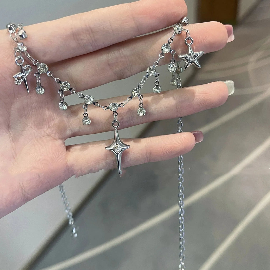 Star Tassel Crystal Zircon Pendant Necklace for Women Girls Zinc Alloy Chain