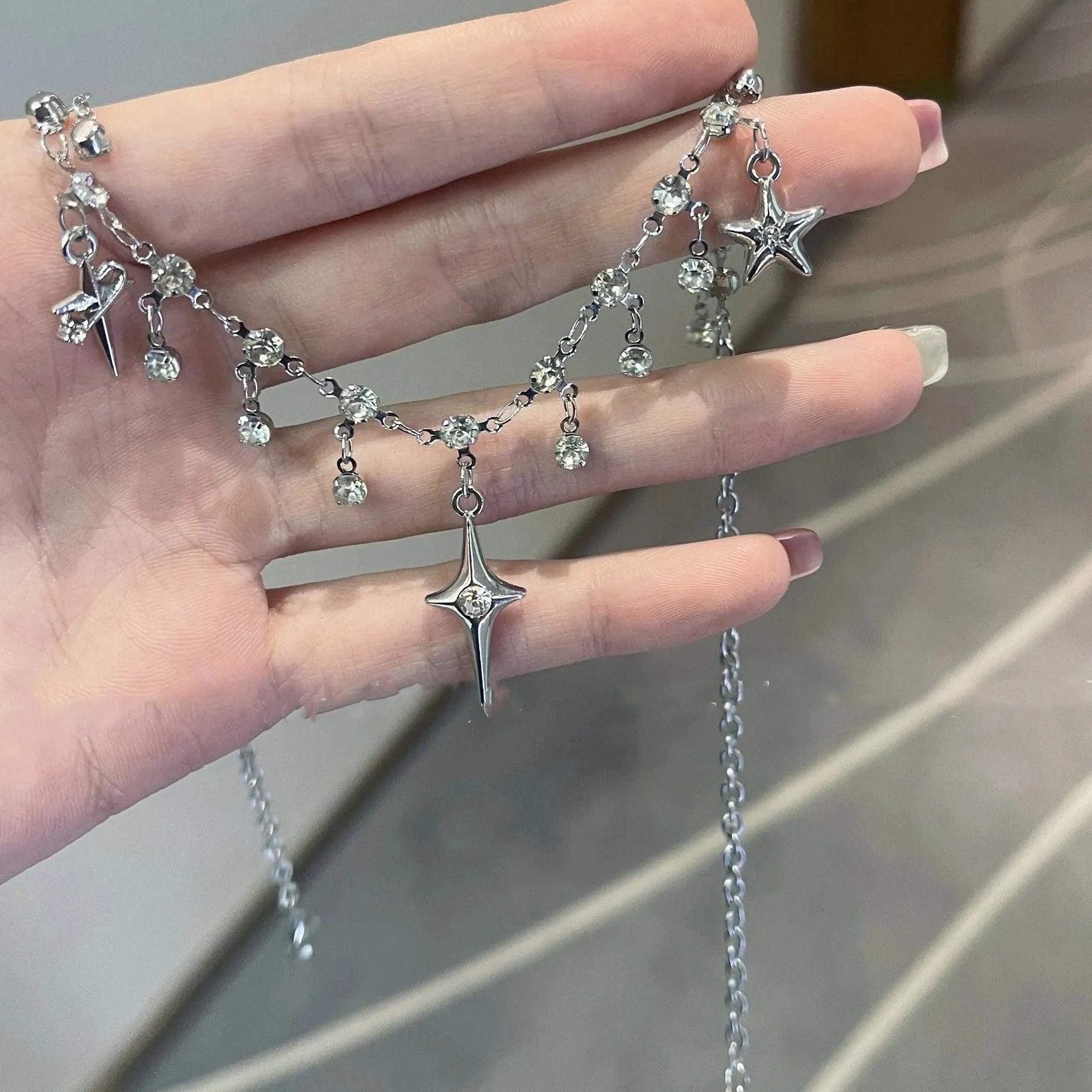 Star Tassel Crystal Zircon Pendant Necklace for Women Girls Zinc Alloy Chain