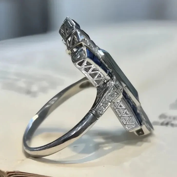 Luxury Blue Cubic Zirconia Cocktail Ring Brass Anniversary Gift for Women