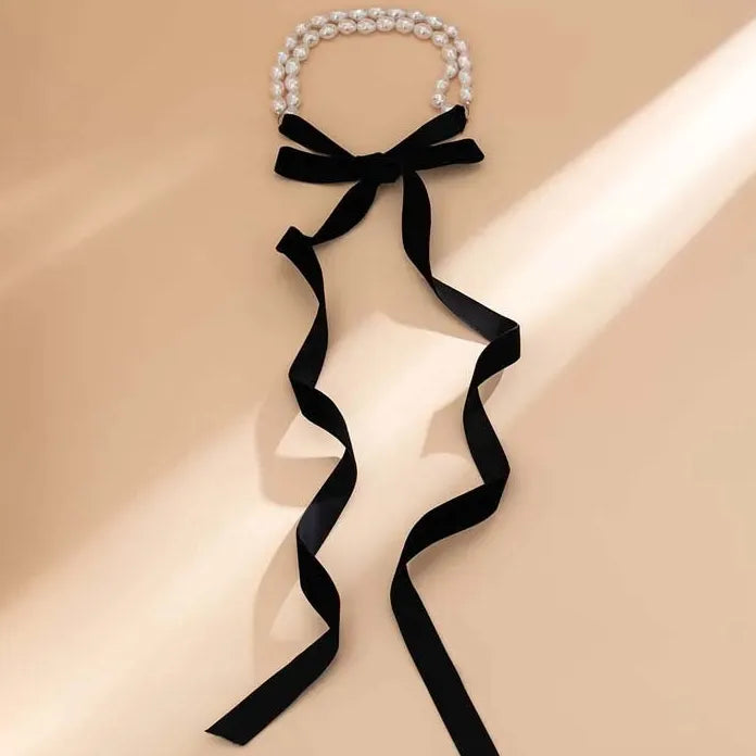 Punk Gothic Black Ribbon Bowknot Choker Necklace White Pearl Clavicle Y2K Jewelry Women