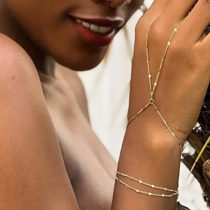 Vintage Gold Tone Connected Finger Ring Bracelets for Women Chain Bangles Mood Tracker