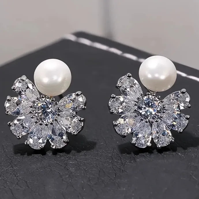 Silver Geometric CZ Stud Earrings Women Bling AAA Zirconia Jewelry Brass