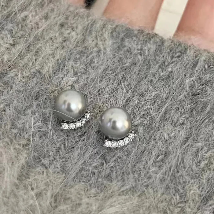 Moon Gray Pearl Stud Earrings Copper Moon Bowknot Jewelry Gift Women
