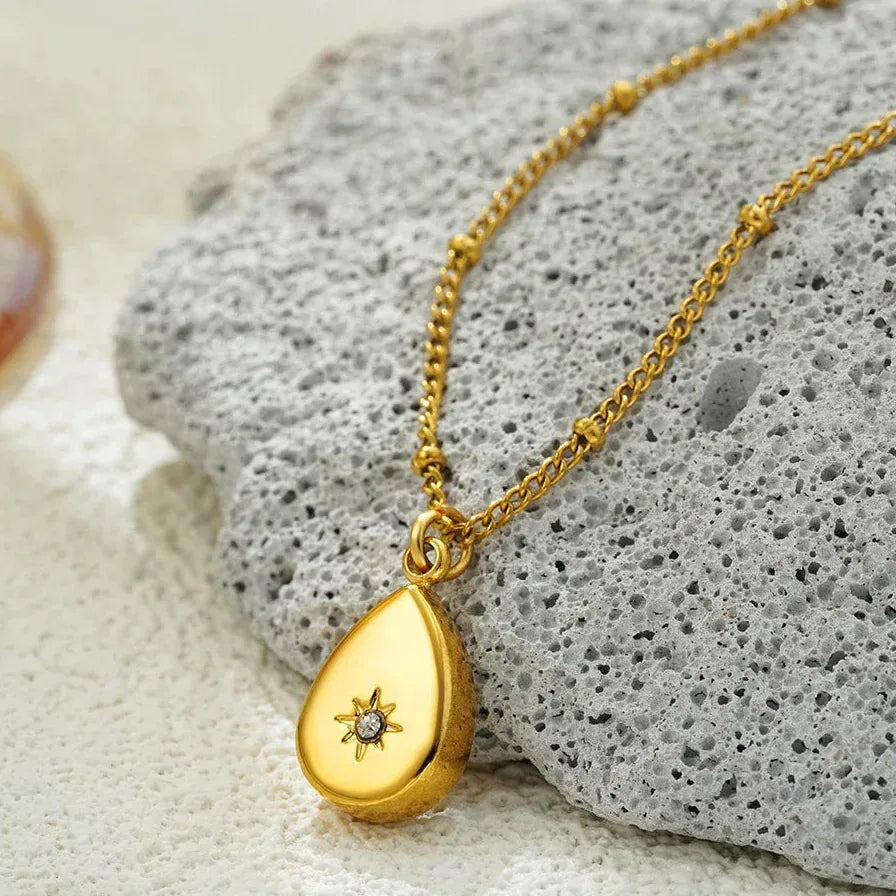 Minimalist Geometric Zircon Moon Pendant Necklace Women Stainless Steel Gold Chain